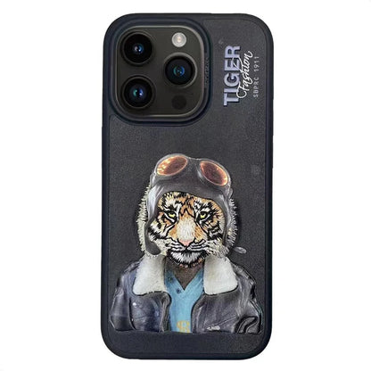 3D Embroidered Cute Dog Wolf Tiger Leopard Leather Phone Protective Cover Case for iPhone 15 Pro Max/ 15 Pro/ 15 Plus