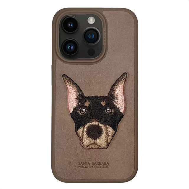 3D Embroidered Cute Dog Wolf Tiger Leopard Leather Phone Protective Cover Case for iPhone 15 Pro Max/ 15 Pro/ 15 Plus