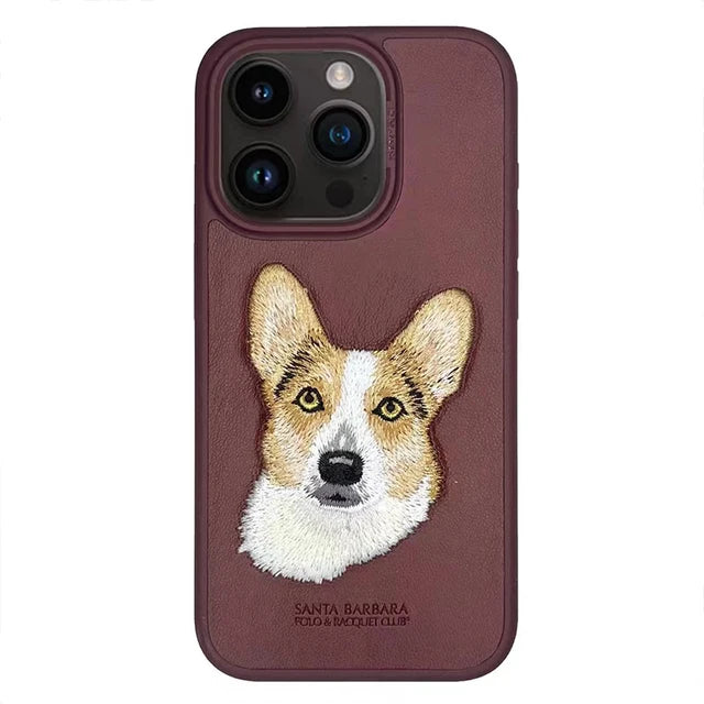 3D Embroidered Cute Dog Wolf Tiger Leopard Leather Phone Protective Cover Case for iPhone 15 Pro Max/ 15 Pro/ 15 Plus