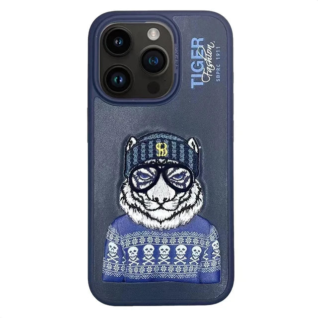 3D Embroidered Cute Dog Wolf Tiger Leopard Leather Phone Protective Cover Case for iPhone 15 Pro Max/ 15 Pro/ 15 Plus