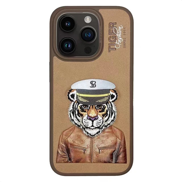 3D Embroidered Cute Dog Wolf Tiger Leopard Leather Phone Protective Cover Case for iPhone 15 Pro Max/ 15 Pro/ 15 Plus