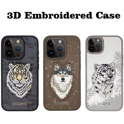 3D Embroidered Cute Dog Wolf Tiger Leopard Leather Phone Protective Cover Case for iPhone 15 Pro Max/ 15 Pro/ 15 Plus