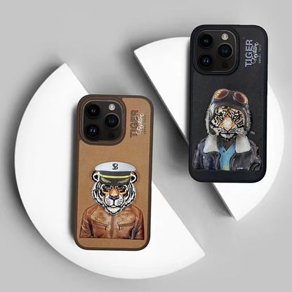 3D Embroidered Cute Dog Wolf Tiger Leopard Leather Phone Protective Cover Case for iPhone 15 Pro Max/ 15 Pro/ 15 Plus