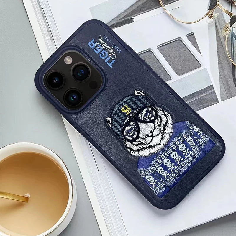 3D Embroidered Cute Dog Wolf Tiger Leopard Leather Phone Protective Cover Case for iPhone 15 Pro Max/ 15 Pro/ 15 Plus