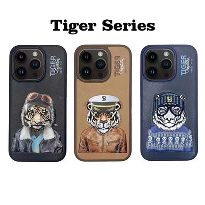 3D Embroidered Cute Dog Wolf Tiger Leopard Leather Phone Protective Cover Case for iPhone 15 Pro Max/ 15 Pro/ 15 Plus