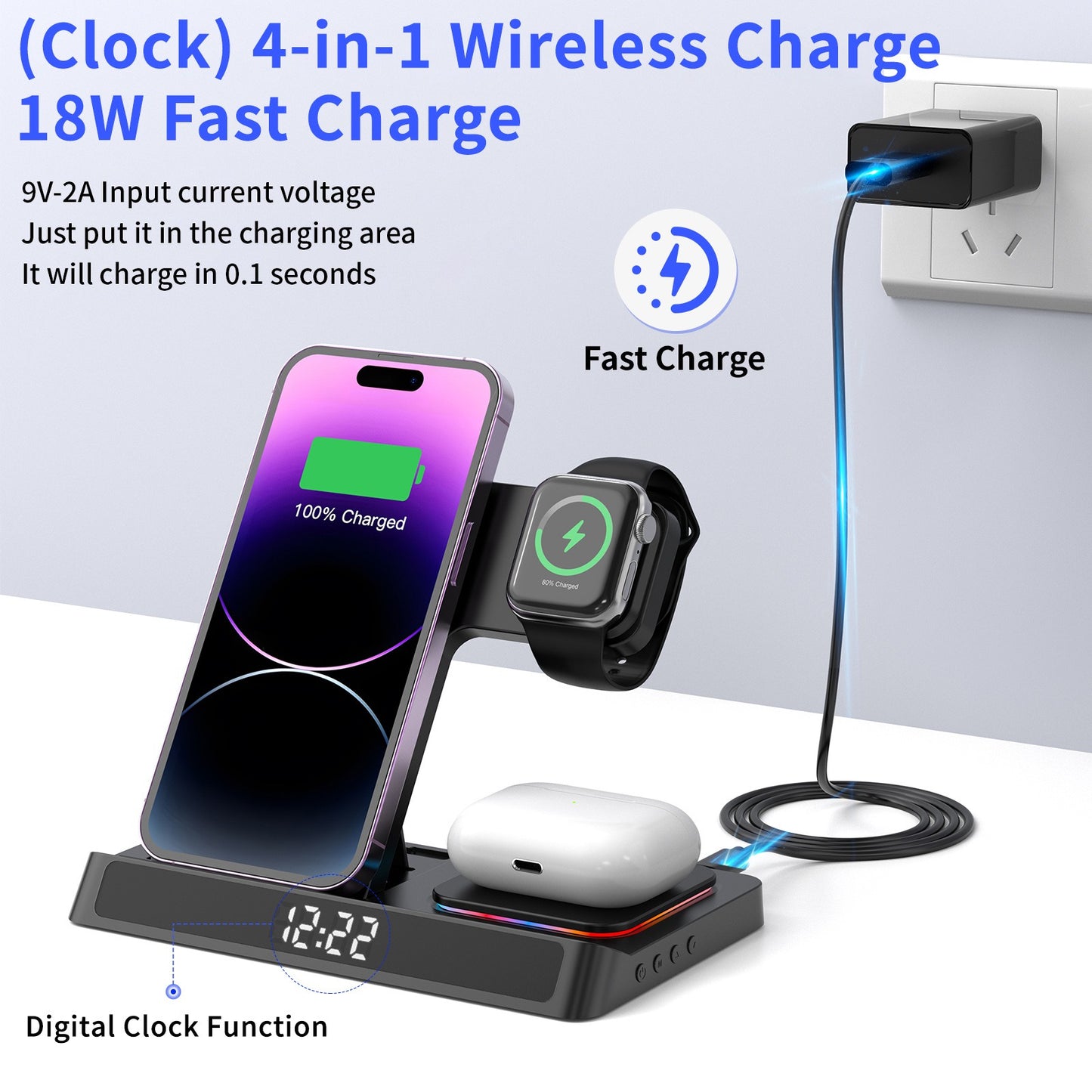 4-in-1 Foldable Wireless Charger Dock Station with Clock for Apple iPhone 16 15 14 13 Series & Smart Watches & AirPods