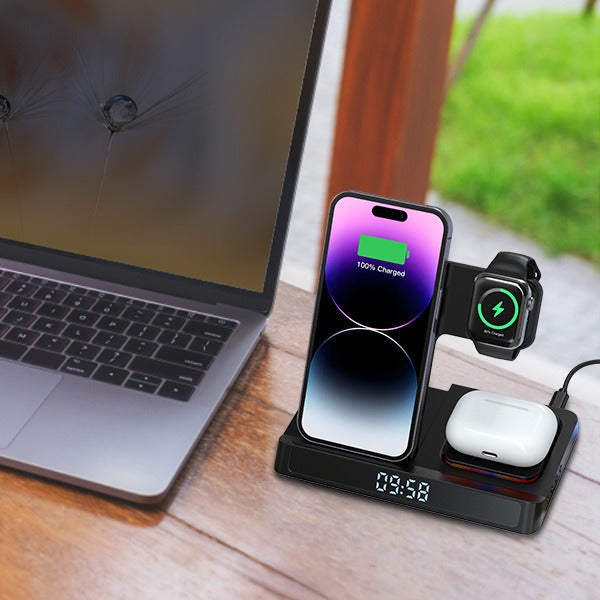 4-in-1 Foldable Wireless Charger Dock Station with Clock for Apple iPhone 16 15 14 13 Series & Smart Watches & AirPods