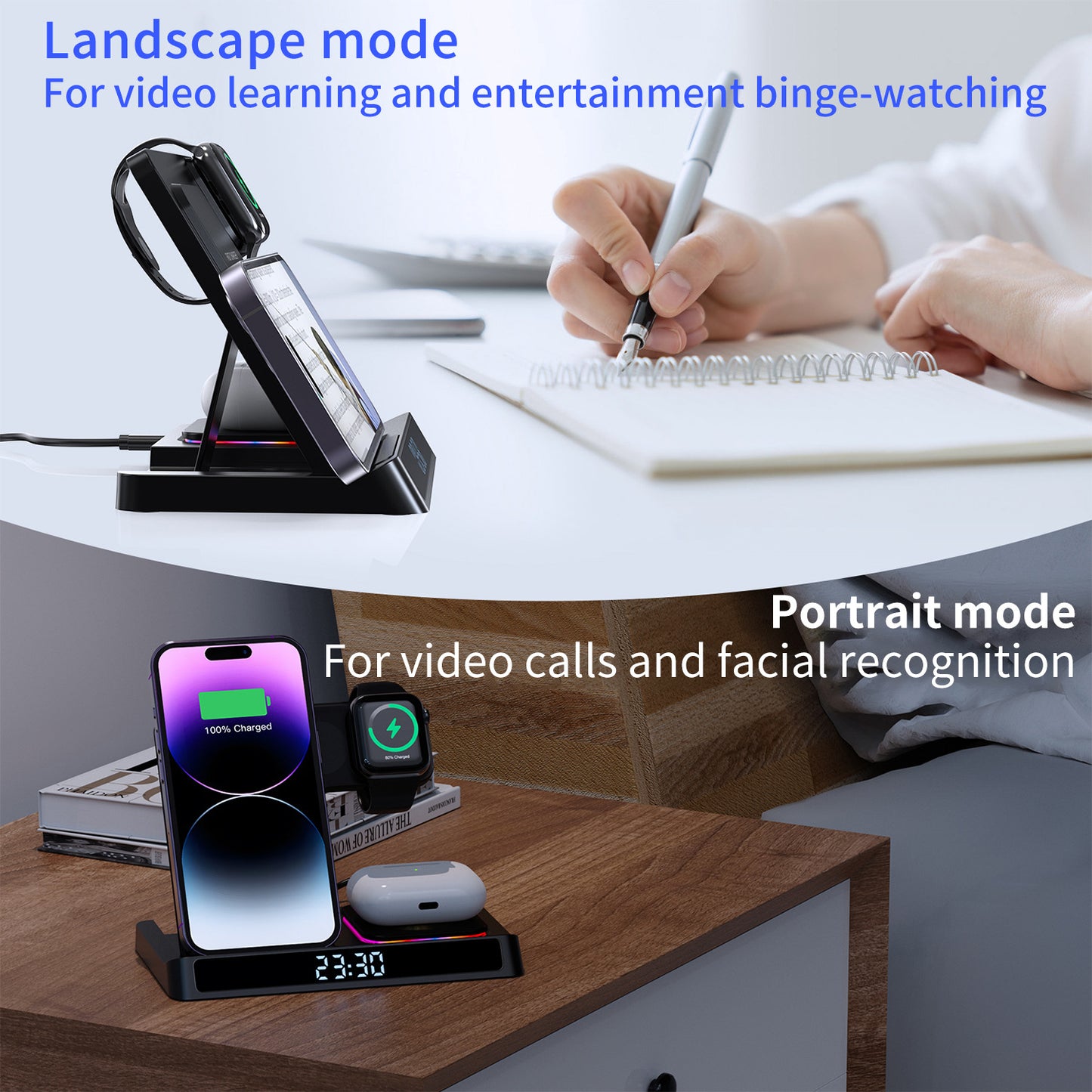 4-in-1 Foldable Wireless Charger Dock Station with Clock for Apple iPhone 16 15 14 13 Series & Smart Watches & AirPods