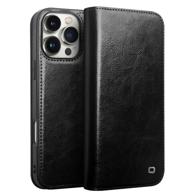 Premium Natural Cowhide Genuine Leather Folio Flip Kickstand Case for Apple iPhone 16 Pro Max