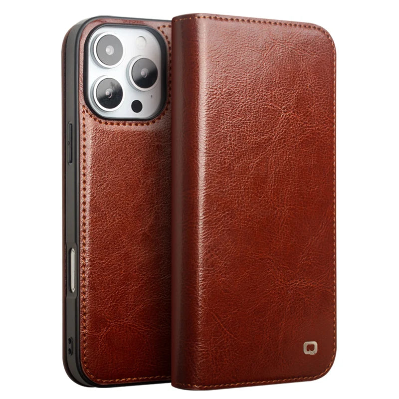 Premium Natural Cowhide Genuine Leather Folio Flip Kickstand Case for Apple iPhone 16 Pro Max