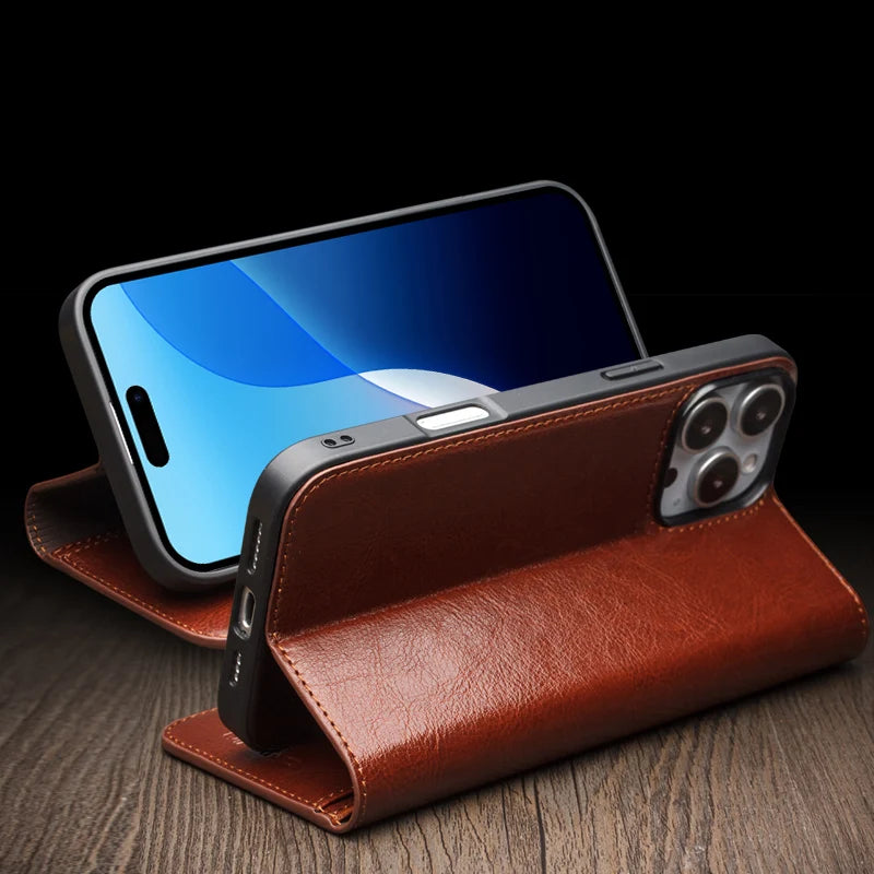 Premium Natural Cowhide Genuine Leather Folio Flip Kickstand Case for Apple iPhone 16 Pro Max