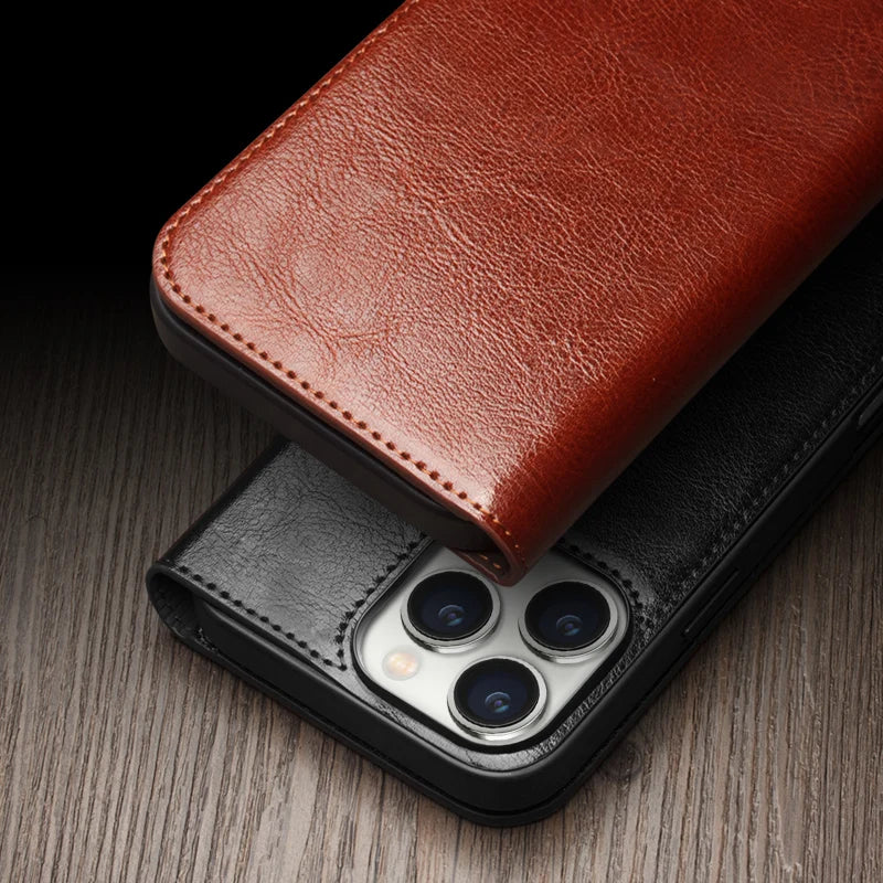 Premium Natural Cowhide Genuine Leather Folio Flip Kickstand Case for Apple iPhone 16 Pro Max