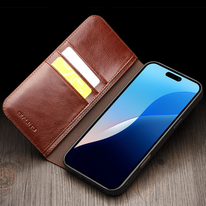 Premium Natural Cowhide Genuine Leather Folio Flip Kickstand Case for Apple iPhone 16 Pro Max