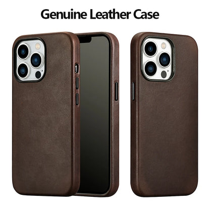 Genuine Leather Magnetic Charging Back Cover Case for iPhone 16 Pro Max iPhone 15 Pro Max 14 Pro