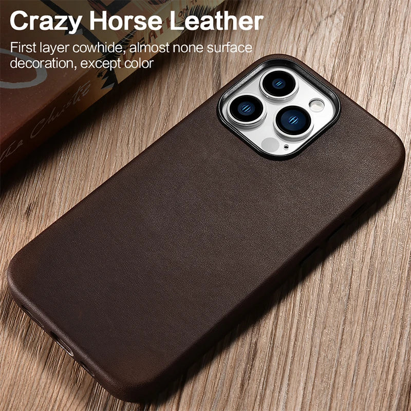 Genuine Leather Magnetic Charging Back Cover Case for iPhone 16 Pro Max iPhone 15 Pro Max 14 Pro