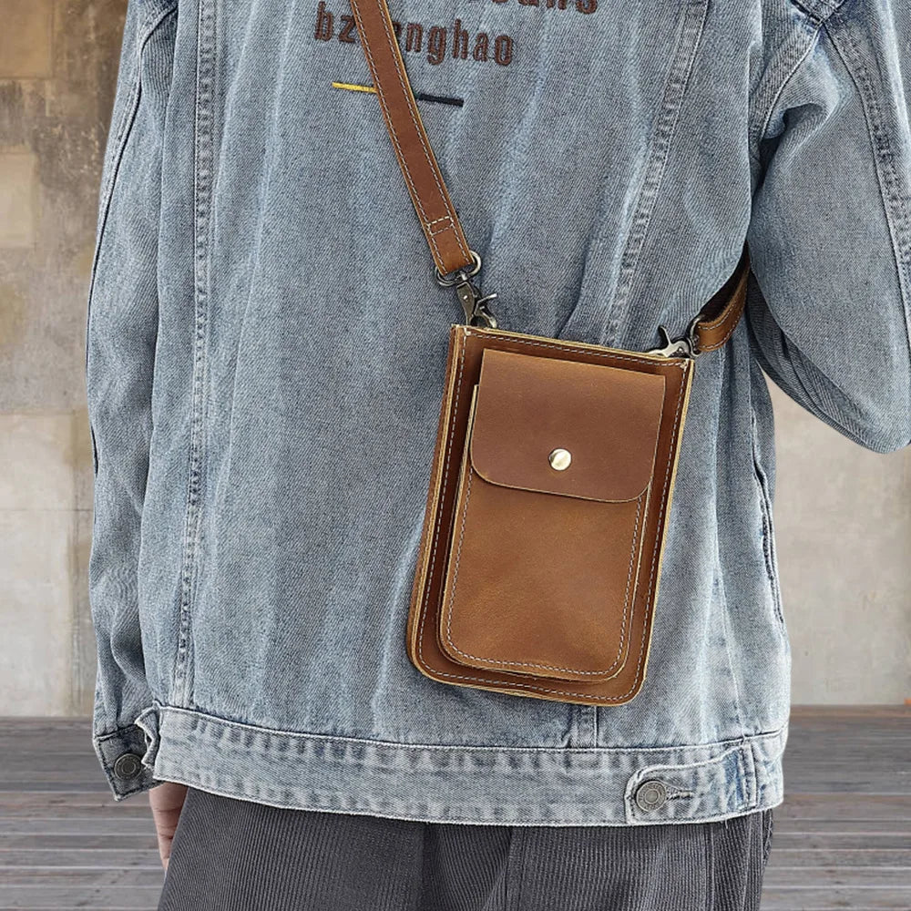 Mens Waist Bag Crazy Horse Leather Small Shoulder Bag Mobile Phone Genuine Leather Fanny Packs Bag Male Belt Bum Bag For Men