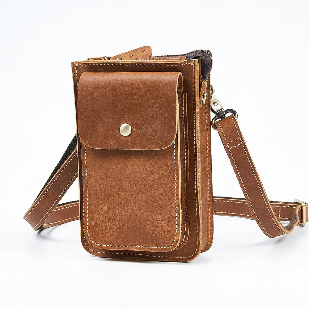 Mens Waist Bag Crazy Horse Leather Small Shoulder Bag Mobile Phone Genuine Leather Fanny Packs Bag Male Belt Bum Bag For Men