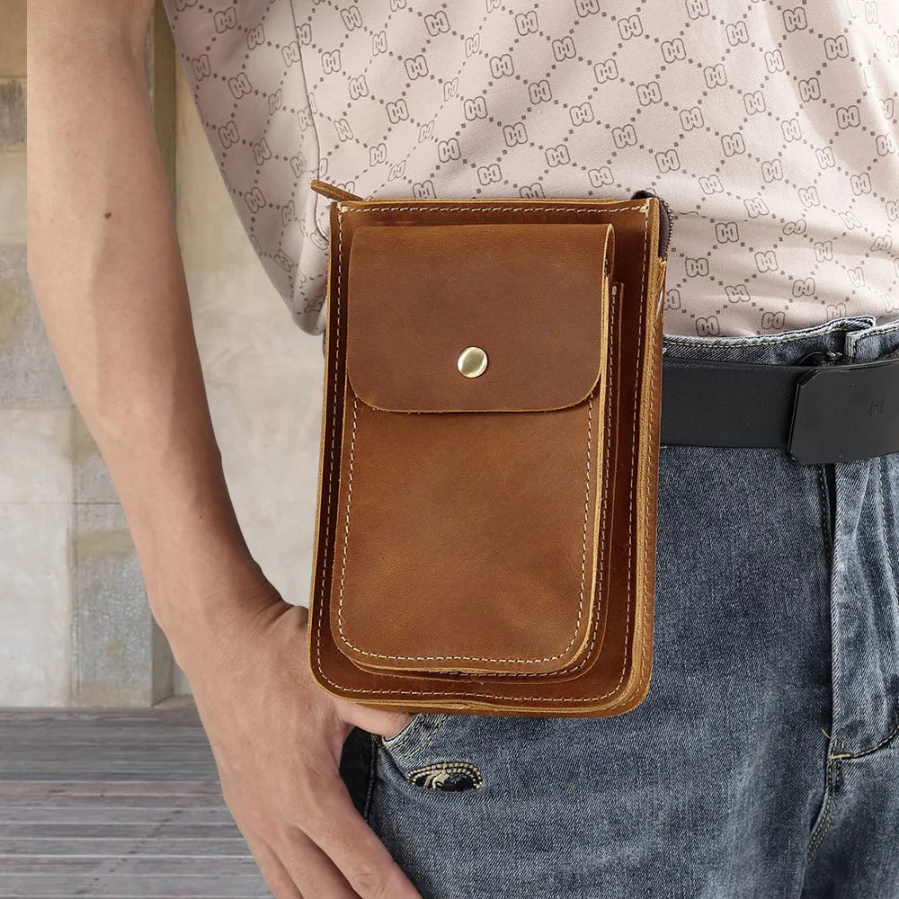 Mens Waist Bag Crazy Horse Leather Small Shoulder Bag Mobile Phone Genuine Leather Fanny Packs Bag Male Belt Bum Bag For Men