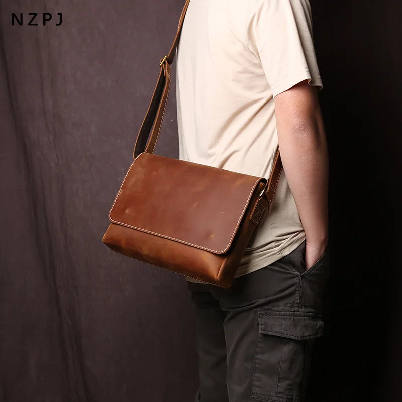 Men's Retro Leather Shoulder Bag Crazy-Horse Leather Horizontal Crossbody Bag