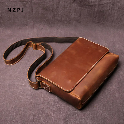 Men's Retro Leather Shoulder Bag Crazy-Horse Leather Horizontal Crossbody Bag