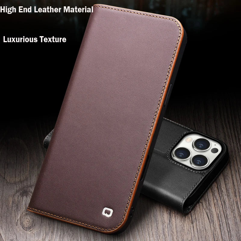 Handmade Genuine Leather Folio Flip Case with Card Slots & Stand for iPhone 16 Pro Max/ Plus