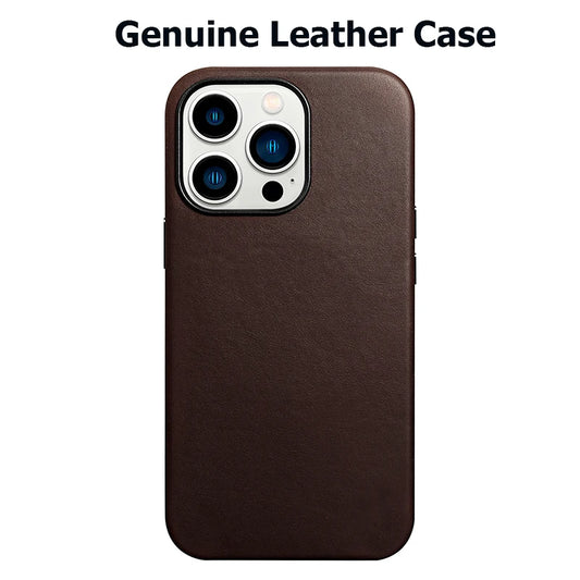 Genuine Leather Magnetic Charging Phone Back Cover Case for iPhone  15/ 16 Pro Max