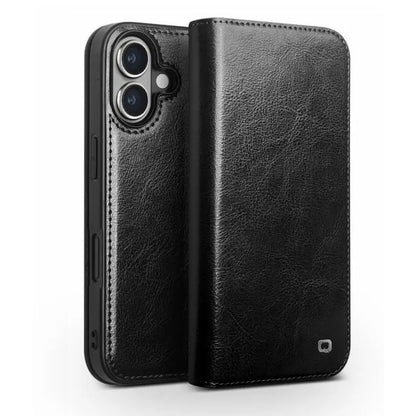 Premium Natural Cowhide Genuine Leather Folio Flip Kickstand Case for Apple iPhone 16 Pro Max