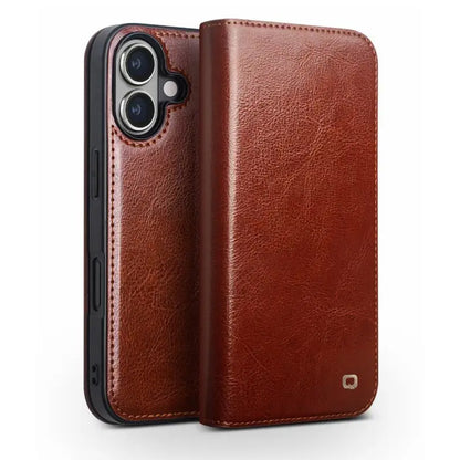 Premium Natural Cowhide Genuine Leather Folio Flip Kickstand Case for Apple iPhone 16 Pro Max