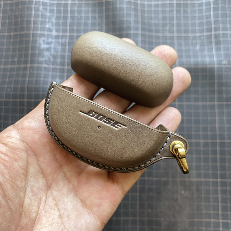 customized-handcraft-vegetable-tanned-genuine-leather-wireless-earbuds-case-for-Bose-quitecomfort-ultra-elephant-grey-detach-with-side-ring